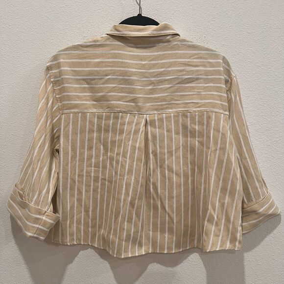 Zara Women’s button down Striped Cropped Shirt Sz M Metallic Preppy Casual Chic - Picture 5 of 7